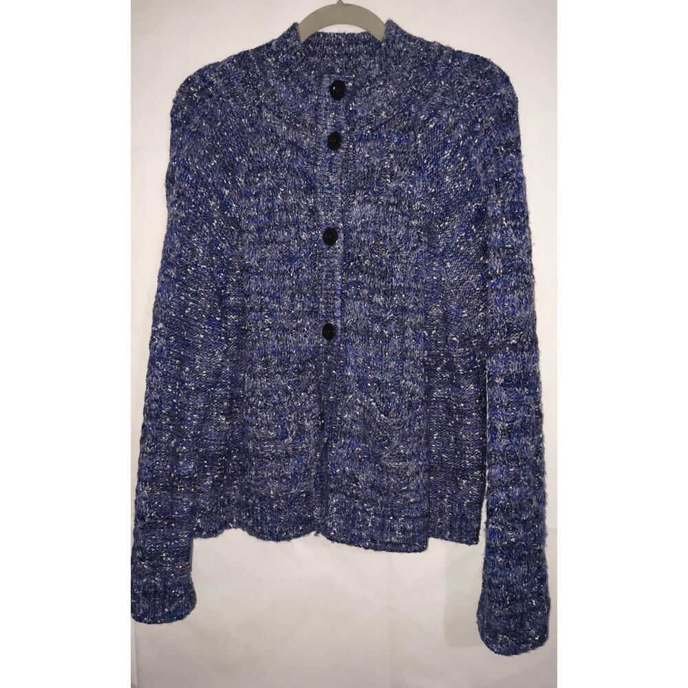 Talbots Wool blend Metallic Tweed Mockneck Cardigan navy  metallic/silver specks